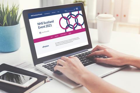 A person sitting at a laptop looking at the NHS Scotland Event site