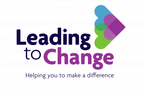 An image of the Leading to Change logo, in blue, purple, and green